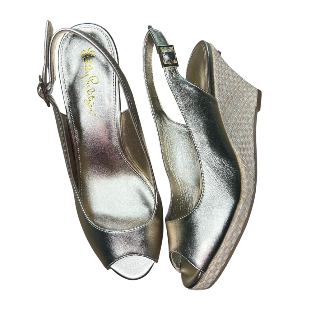Lilly Pulitzer Kristin Gold Metallic Peep Toe Sling Back Wedge Sandals Womens 7M